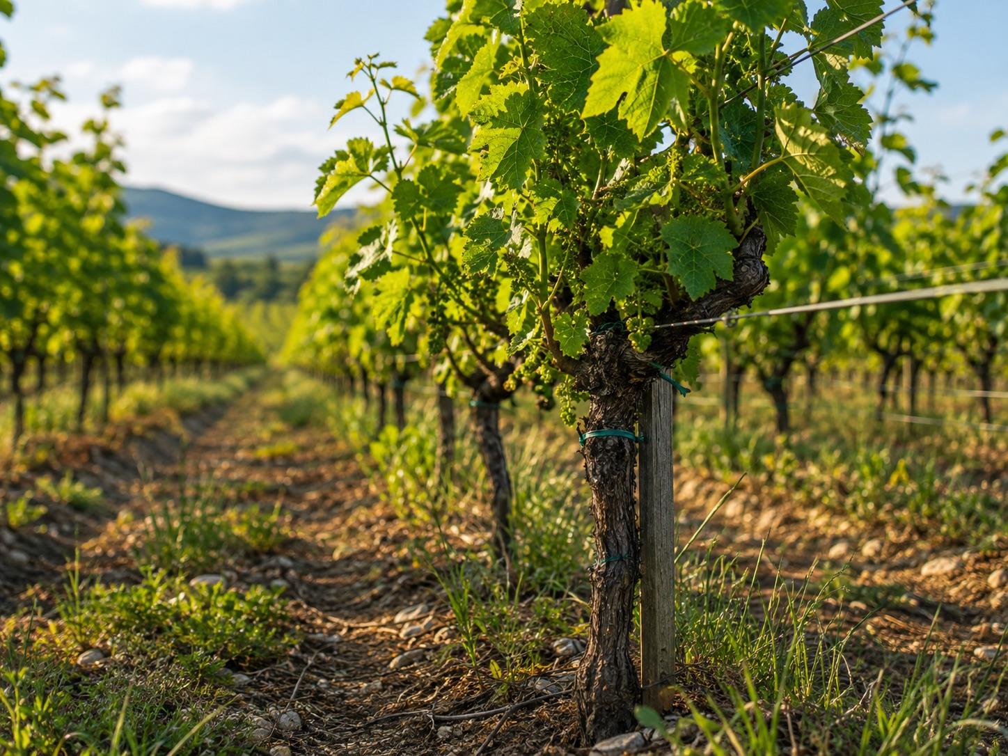 Rows of vines on a vineyard block at golden hour